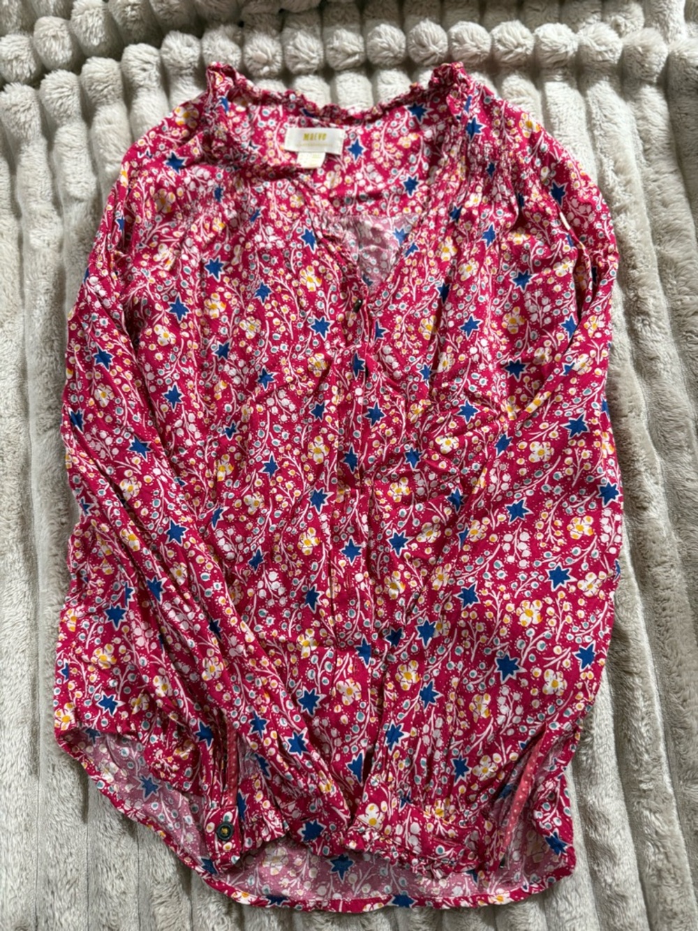 Maeve Red Floral Button-Down Blouse with Blue Star Accents